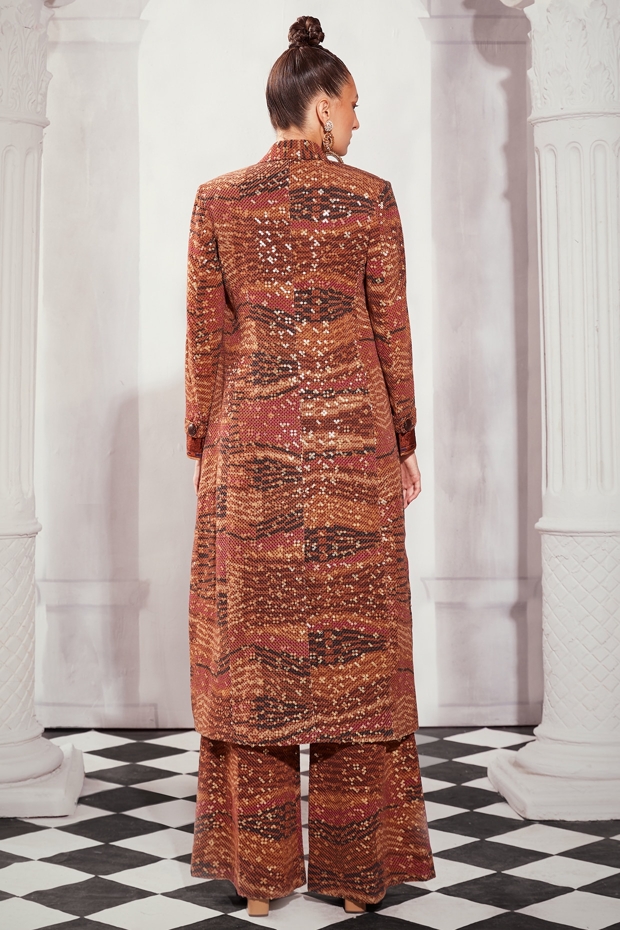 Orange Sheeted Pure Georgette Digital Printed Trench Coat Set by