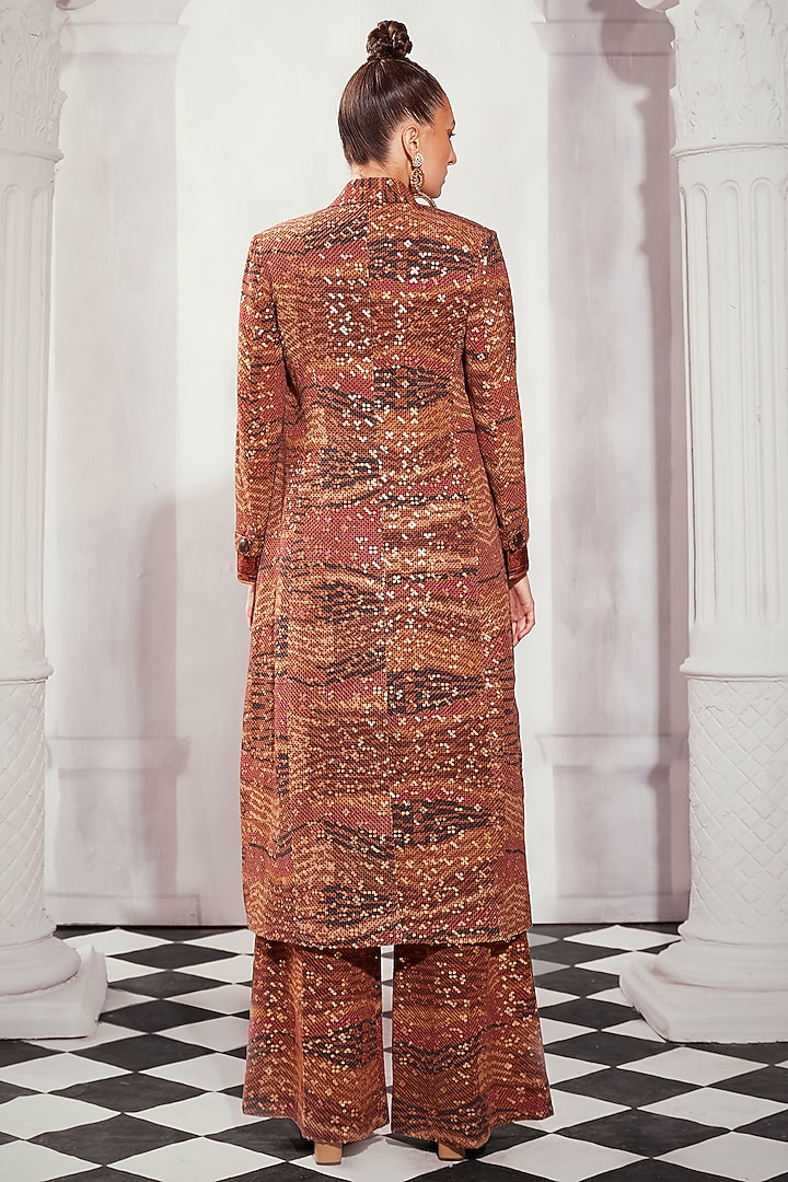 Orange Sheeted Pure Georgette Digital Printed Trench Coat Set by Nikita Mhaisalkar at Pernia's Pop Up Shop