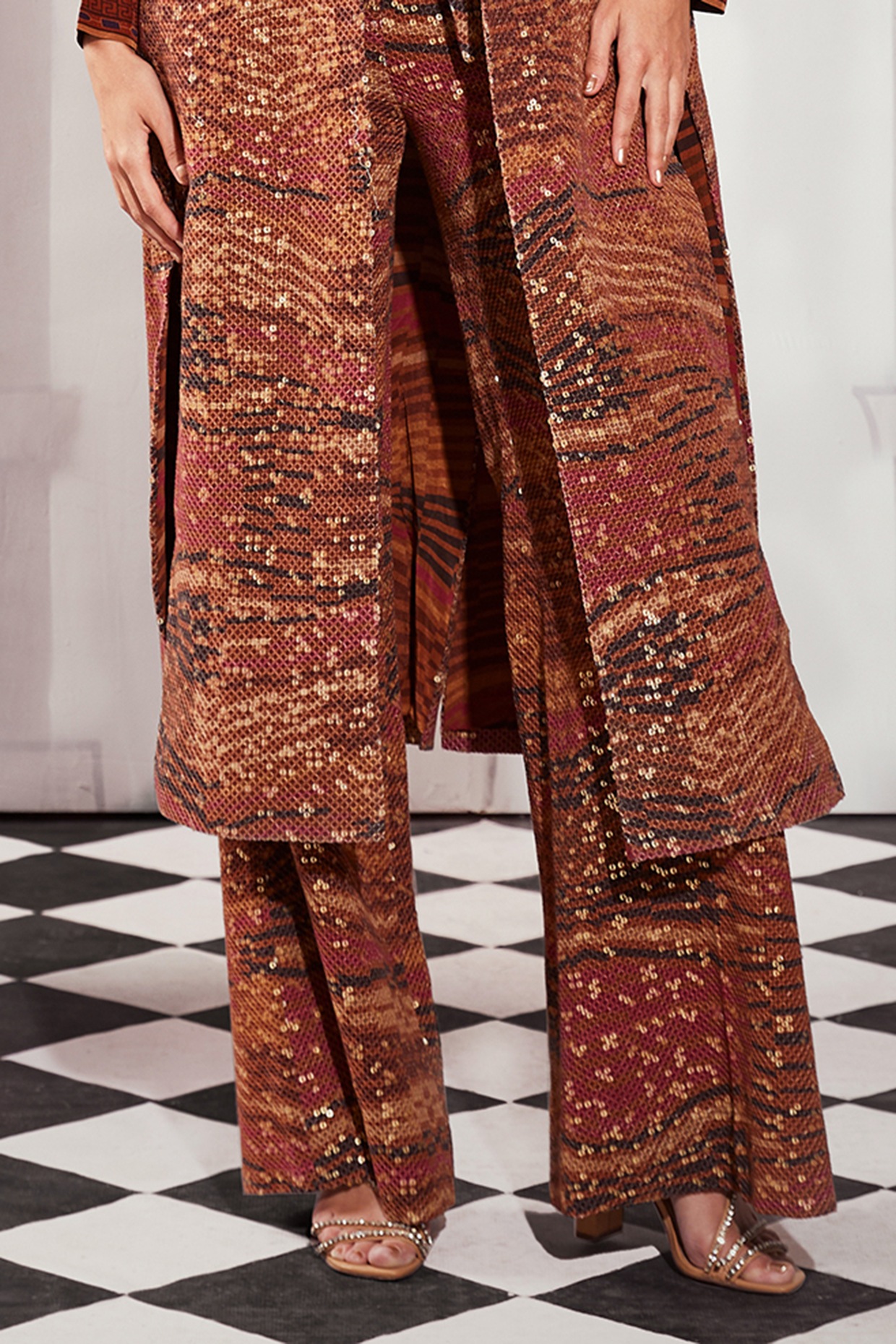 Orange Sheeted Pure Georgette Digital Printed Trench Coat Set by