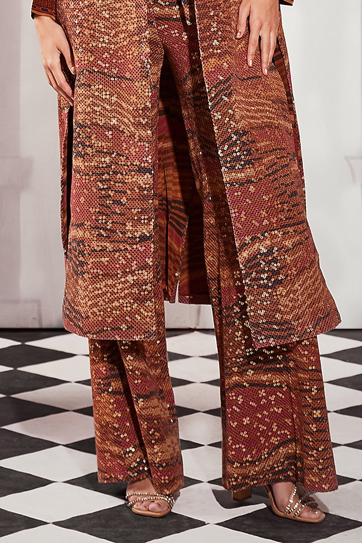 Orange Sheeted Pure Georgette Digital Printed Trench Coat Set by Nikita Mhaisalkar at Pernia's Pop Up Shop
