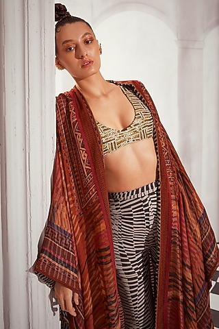 Orange Georgette Digital Printed Cape Jacket by Nikita Mhaisalkar