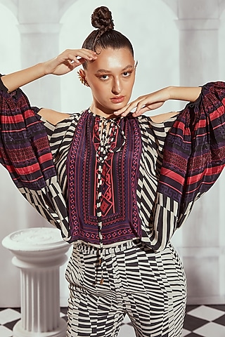Black & White Silk Crepe Digital Printed Tie-Up Top by Nikita Mhaisalkar