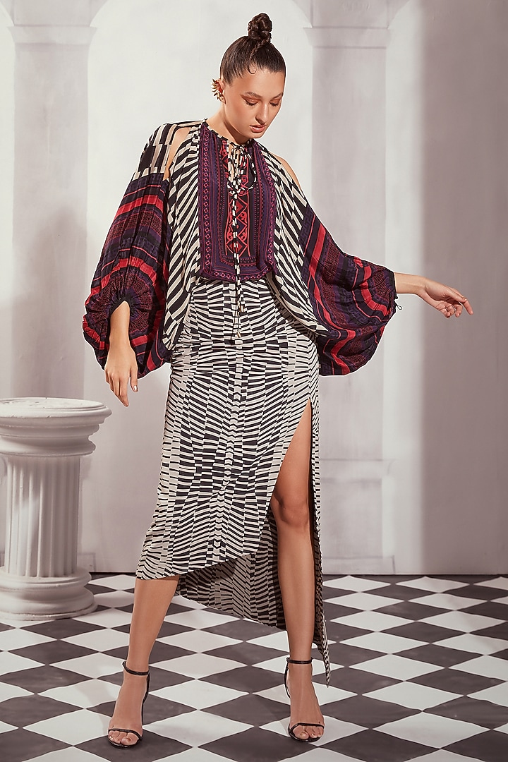 Black & White Silk Crepe Digital Printed Tie-Up Top by Nikita Mhaisalkar at Pernia's Pop Up Shop