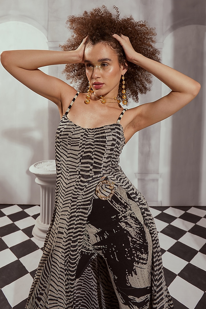 Black & White Sequins Pure Georgette Digital Printed Flared Maxi Cocktail Dress by Nikita Mhaisalkar at Pernia's Pop Up Shop
