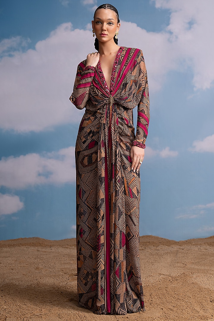 Brown & Fuchsia Pink Georgette Hand Embroidered Draped Party Wear Dress by Nikita Mhaisalkar at Pernia's Pop Up Shop