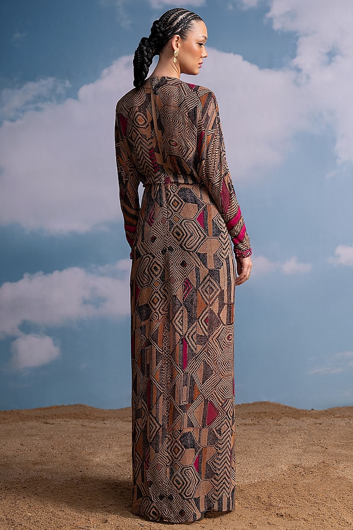 Brown & Fuchsia Pink Georgette Hand Embroidered Draped Party Wear Dress by Nikita Mhaisalkar at Pernia's Pop Up Shop