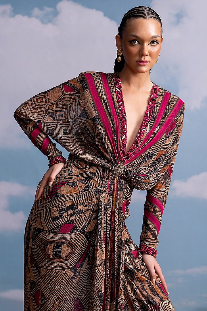 Brown & Fuchsia Pink Georgette Hand Embroidered Draped Party Wear Dress by Nikita Mhaisalkar at Pernia's Pop Up Shop
