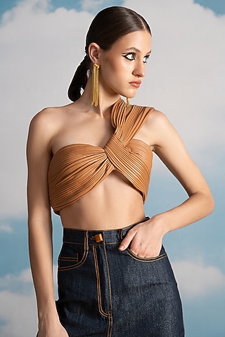 Beige Faux Leather Bralette by Nikita Mhaisalkar