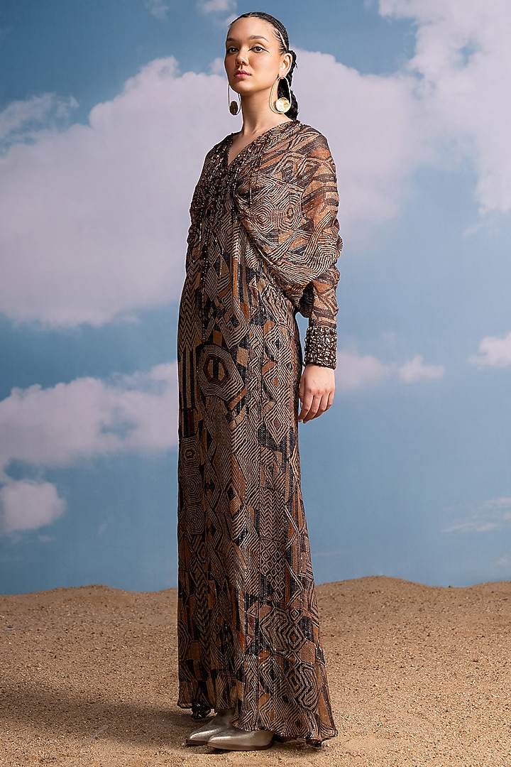 Brown Lurex Georgette Hand Embroidered Kimono Party Wear Dress by Nikita Mhaisalkar at Pernia's Pop Up Shop