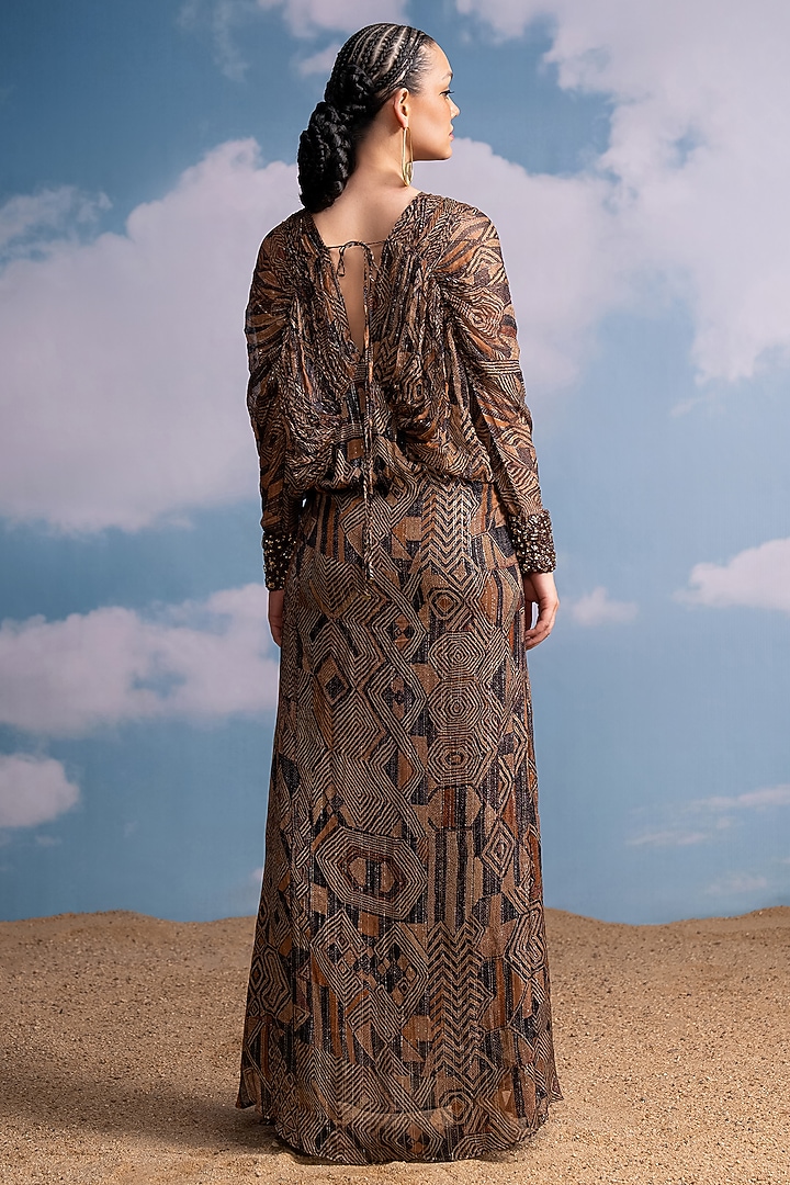 Brown Lurex Georgette Hand Embroidered Kimono Party Wear Dress by Nikita Mhaisalkar at Pernia's Pop Up Shop