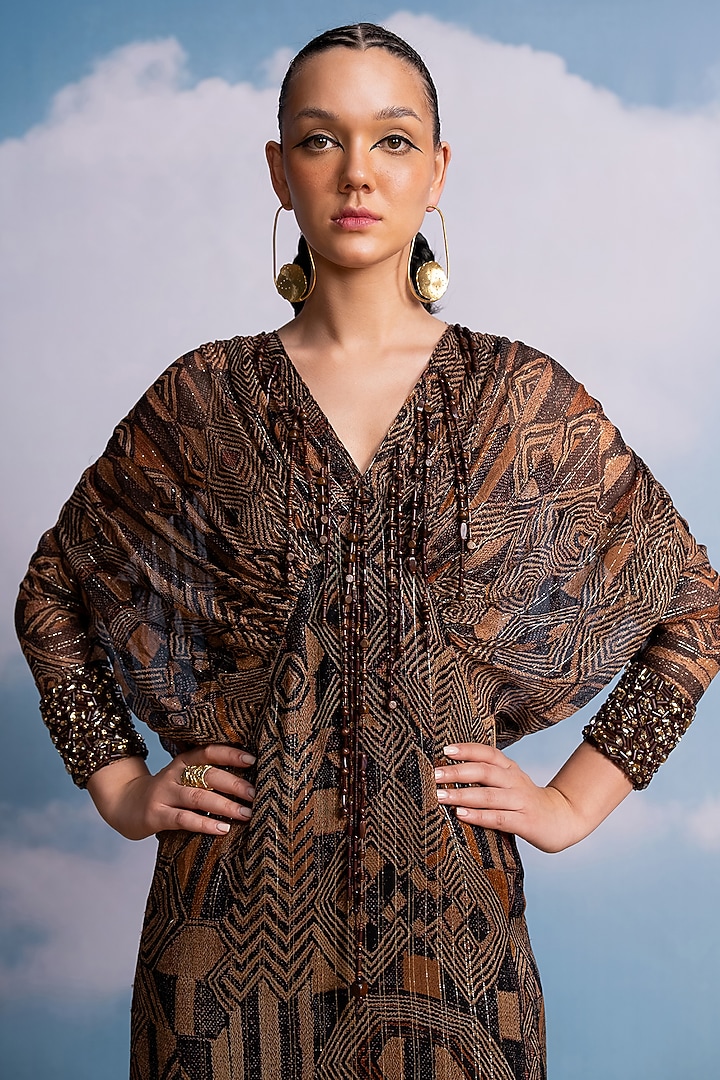 Brown Lurex Georgette Hand Embroidered Kimono Party Wear Dress by Nikita Mhaisalkar at Pernia's Pop Up Shop