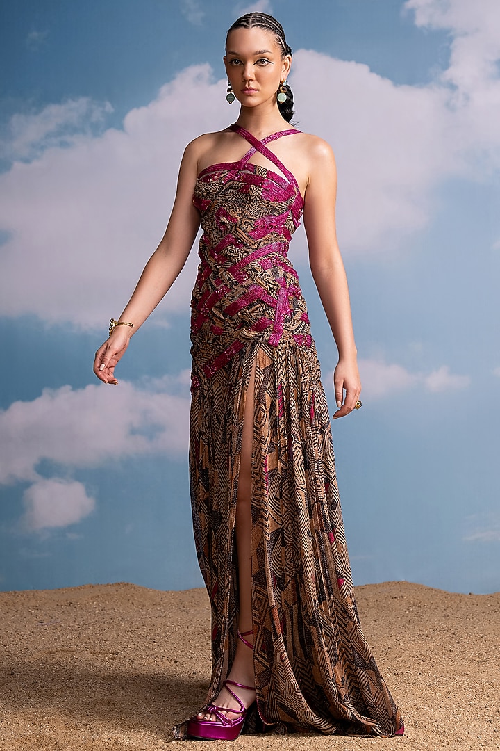 Brown & Fuchsia Pink Georgette Printed Party Wear Dress by Nikita Mhaisalkar at Pernia's Pop Up Shop
