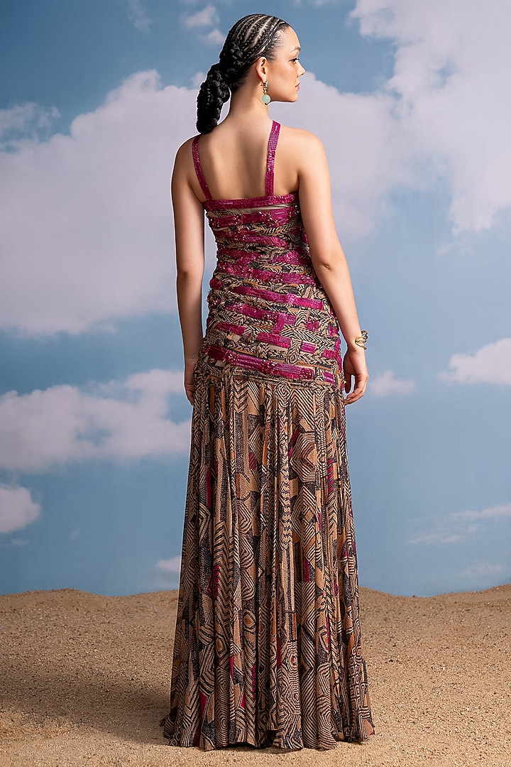 Brown & Fuchsia Pink Georgette Printed Party Wear Dress by Nikita Mhaisalkar at Pernia's Pop Up Shop