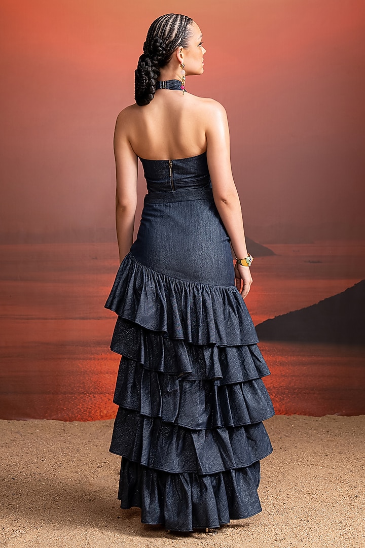 Indigo Blue Hemp Denim Asymmetrical Ruffled Skirt by Nikita Mhaisalkar at Pernia's Pop Up Shop