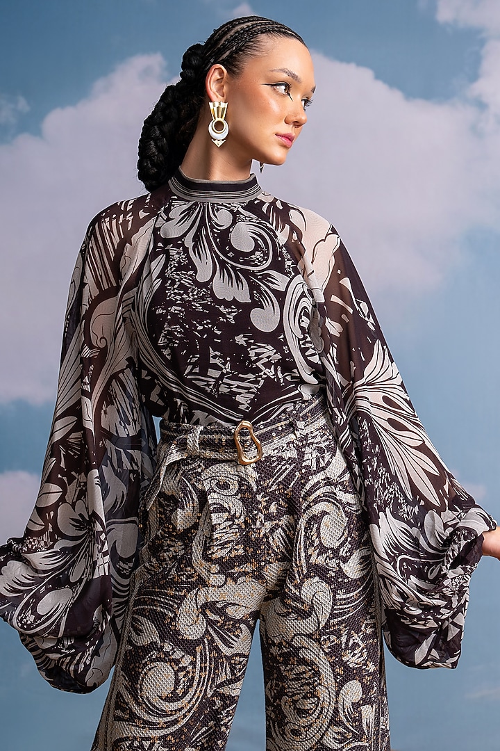 Chocolate Brown Pure Georgette Printed Top by Nikita Mhaisalkar at Pernia's Pop Up Shop