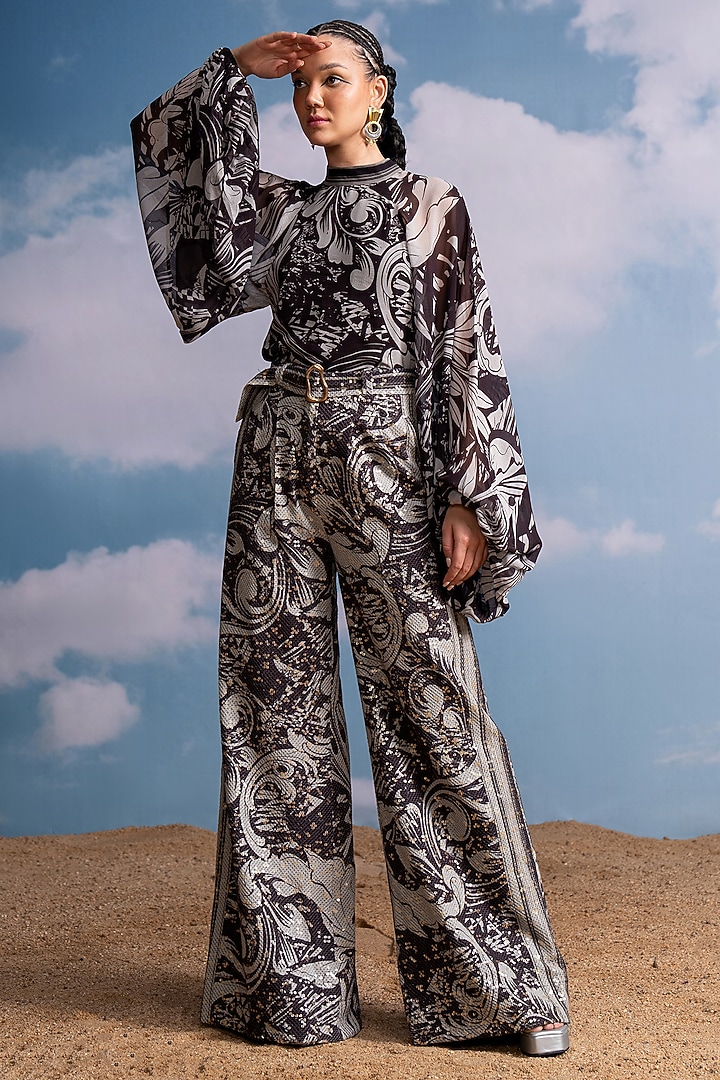 Chocolate Brown Pure Georgette Printed Pants by Nikita Mhaisalkar at Pernia's Pop Up Shop