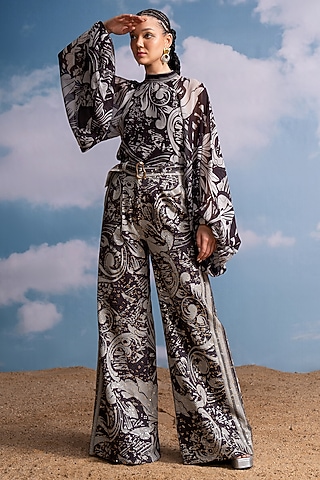 Chocolate Brown Pure Georgette Printed Pants by Nikita Mhaisalkar