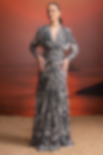 Noir Black Pure Georgette Printed Draped Party Wear Dress by Nikita Mhaisalkar at Pernia's Pop Up Shop