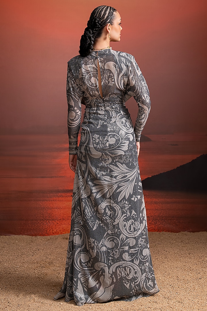 Noir Black Pure Georgette Printed Draped Party Wear Dress by Nikita Mhaisalkar at Pernia's Pop Up Shop