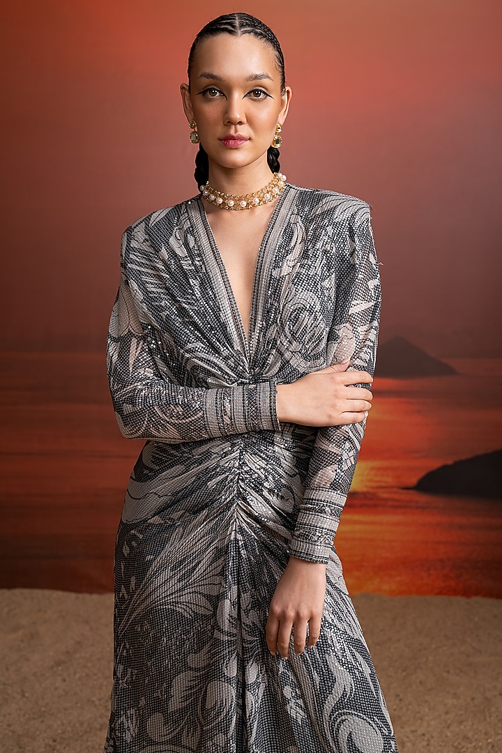 Noir Black Pure Georgette Printed Draped Party Wear Dress by Nikita Mhaisalkar at Pernia's Pop Up Shop