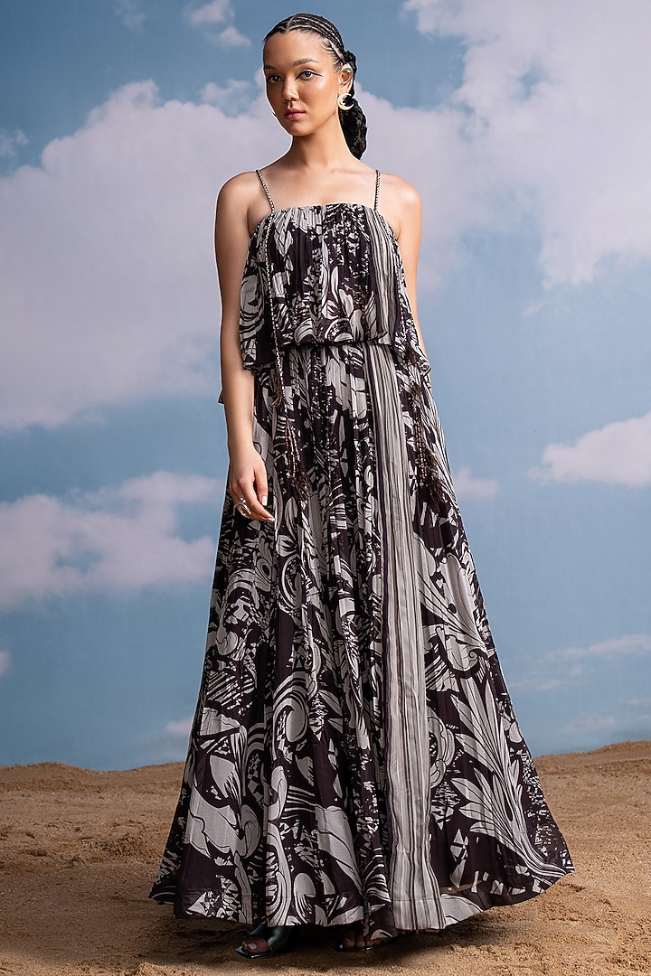 Chocolate Brown Pure Georgette Printed Skirt Set by Nikita Mhaisalkar at Pernia's Pop Up Shop
