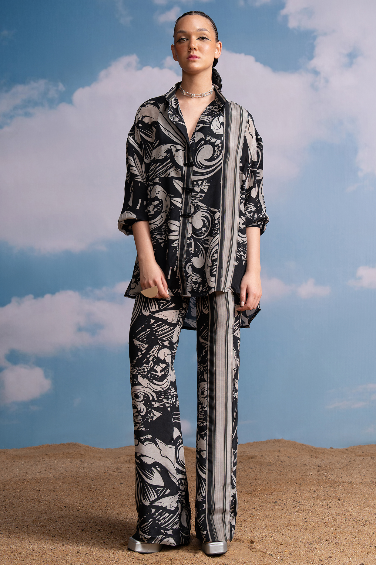 Noir Black Silk Crepe Swirl Printed Co-Ord Set by Nikita Mhaisalkar at Pernia's Pop Up Shop