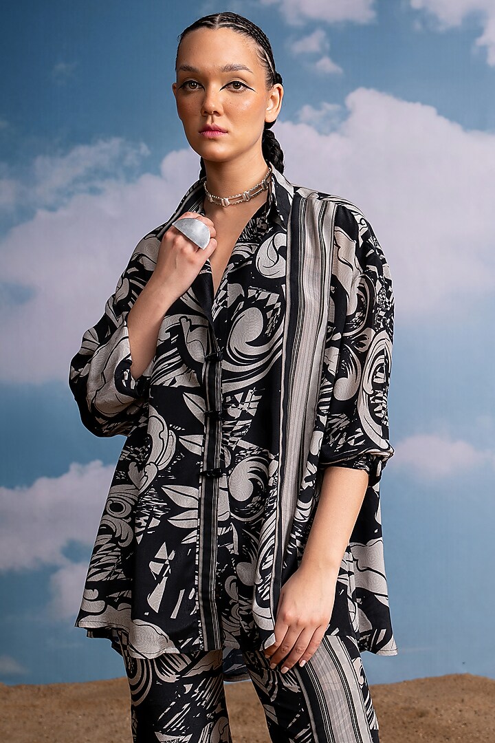 Noir Black Silk Crepe Swirl Printed Co-Ord Set by Nikita Mhaisalkar at Pernia's Pop Up Shop