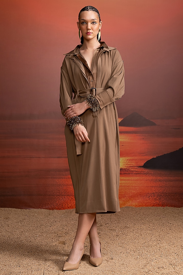 Beige Luxe Suiting & Satin Party Wear Shirt Dress by Nikita Mhaisalkar at Pernia's Pop Up Shop