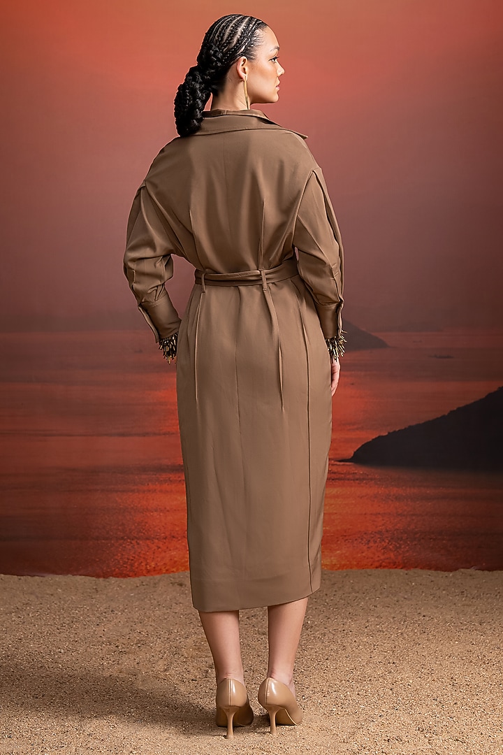 Beige Luxe Suiting & Satin Party Wear Shirt Dress by Nikita Mhaisalkar at Pernia's Pop Up Shop