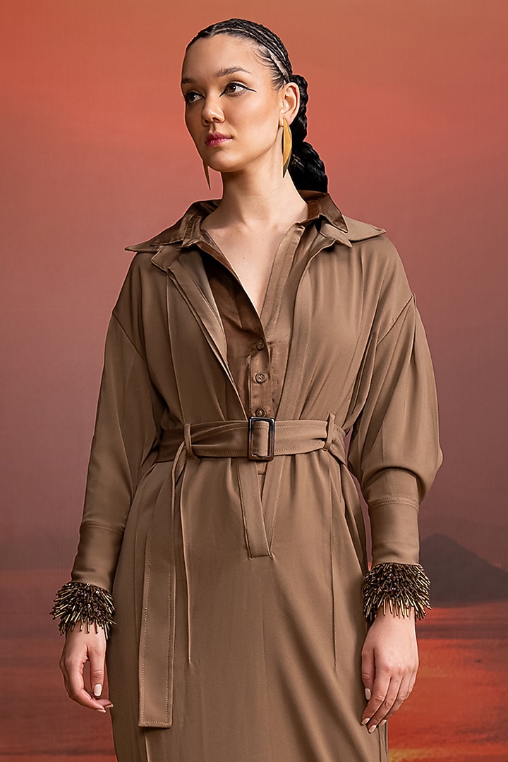 Beige Luxe Suiting & Satin Party Wear Shirt Dress by Nikita Mhaisalkar at Pernia's Pop Up Shop