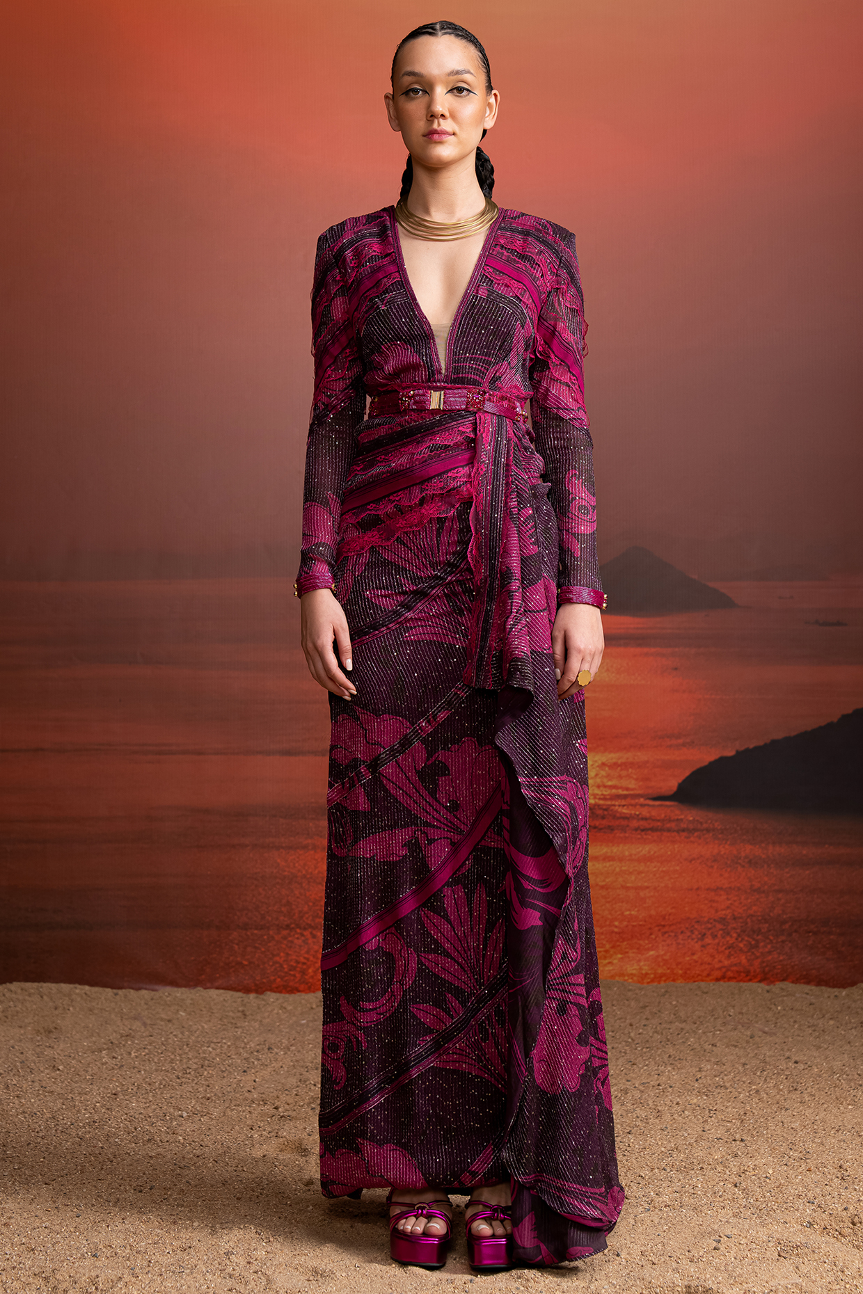 Fuchsia Sequins Georgette Printed Draped Party Wear Dress by Nikita Mhaisalkar at Pernia's Pop Up Shop
