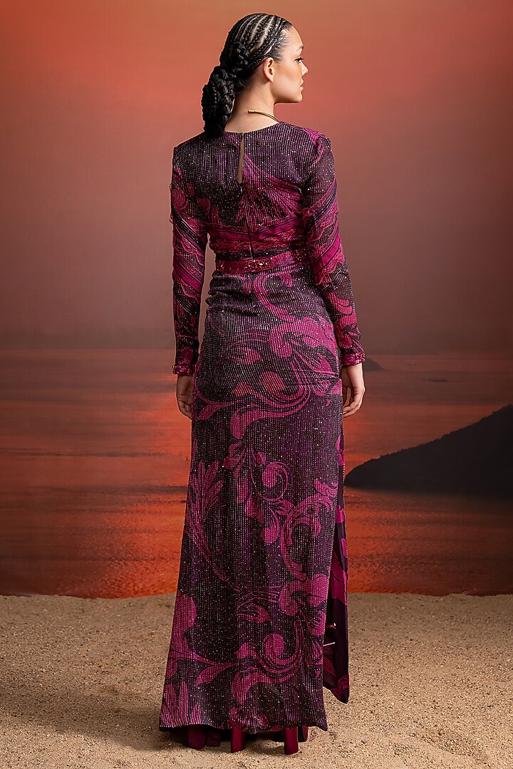 Fuchsia Sequins Georgette Printed Draped Party Wear Dress by Nikita Mhaisalkar at Pernia's Pop Up Shop