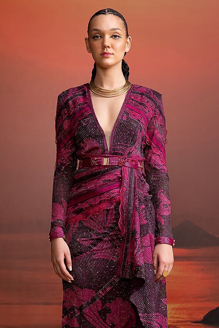 Fuchsia Sequins Georgette Printed Draped Party Wear Dress by Nikita Mhaisalkar at Pernia's Pop Up Shop