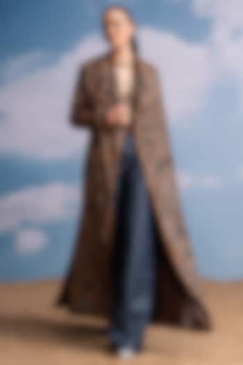 Brown Lurex Georgette Printed Trench Coat by Nikita Mhaisalkar at Pernia's Pop Up Shop