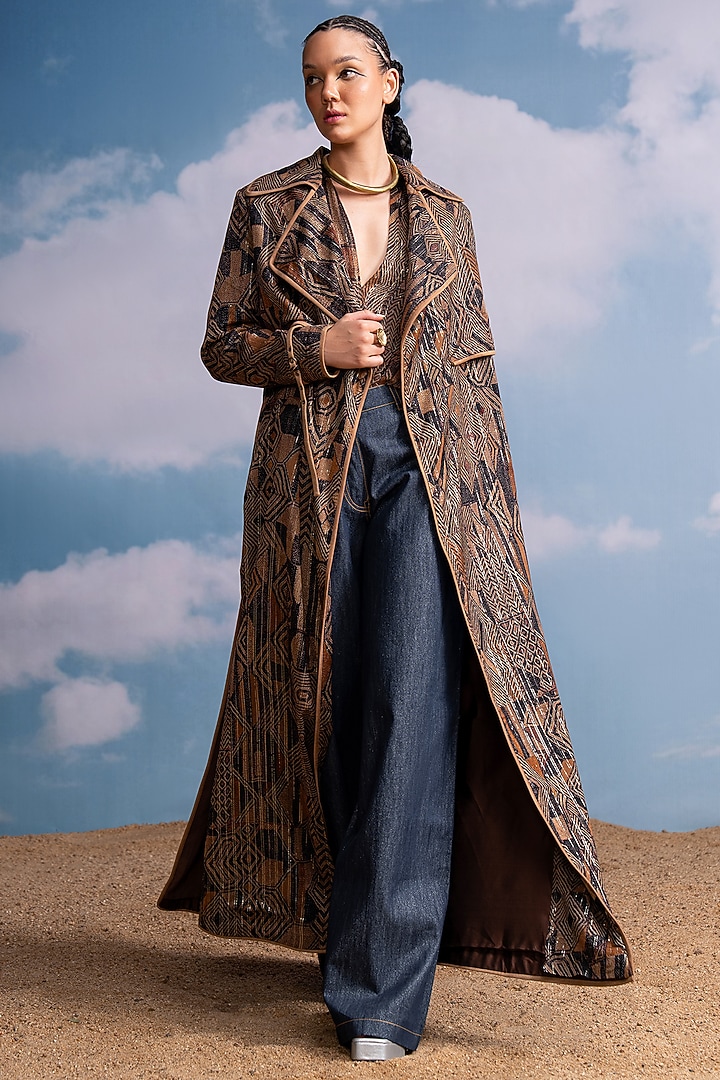 Brown Lurex Georgette Printed Trench Coat by Nikita Mhaisalkar at Pernia's Pop Up Shop