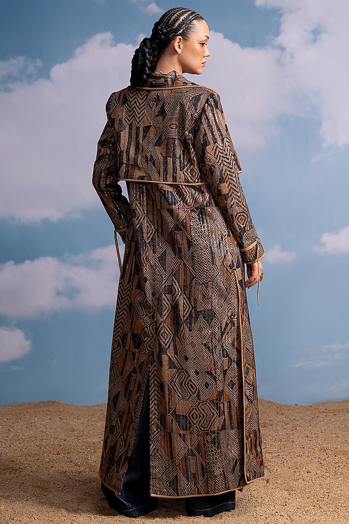 Brown Lurex Georgette Printed Trench Coat by Nikita Mhaisalkar at Pernia's Pop Up Shop