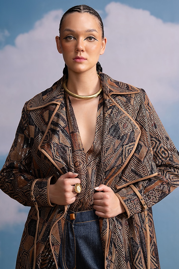Brown Lurex Georgette Printed Trench Coat by Nikita Mhaisalkar at Pernia's Pop Up Shop