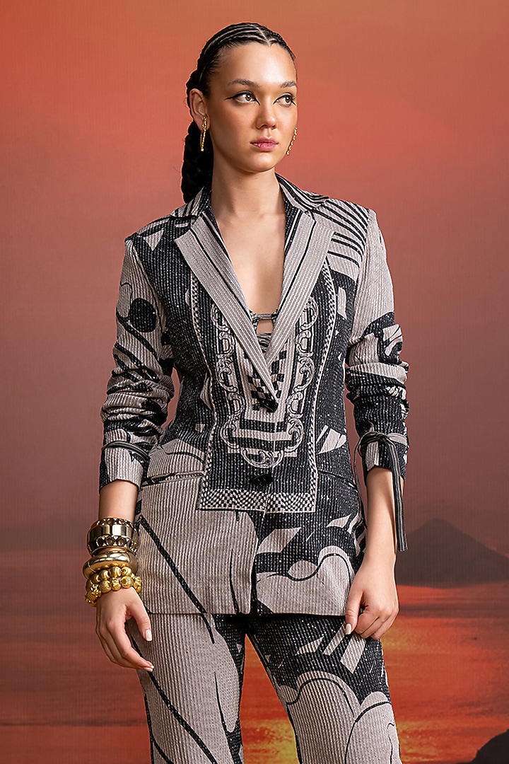 Noir Black Sheeted Pure Georgette Printed Pant Suit Set by Nikita Mhaisalkar at Pernia's Pop Up Shop