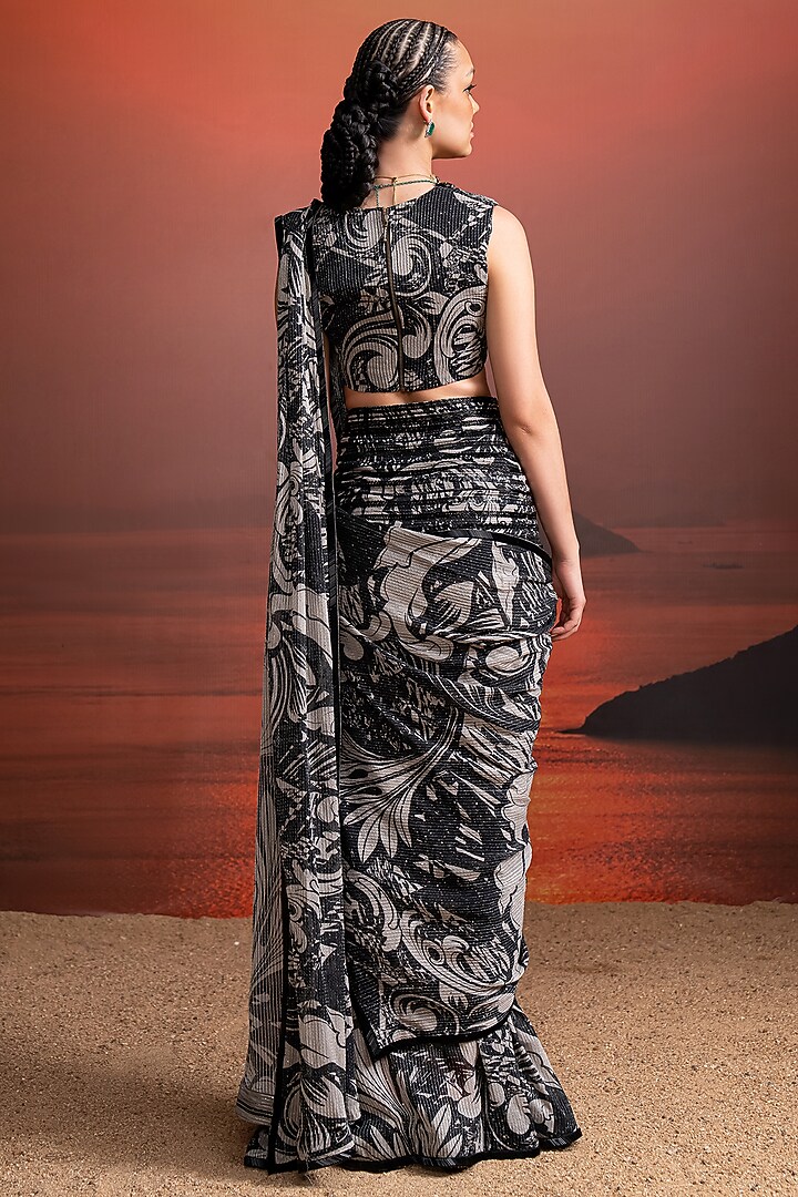 Noir Black Sequins Georgette Printed & Embellished Draped Reception Saree Set by Nikita Mhaisalkar at Pernia's Pop Up Shop