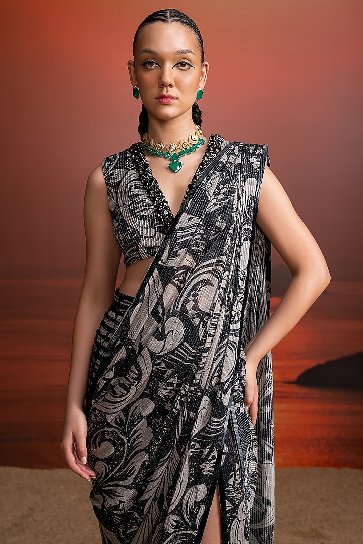 Noir Black Sequins Georgette Printed & Embellished Draped Reception Saree Set by Nikita Mhaisalkar at Pernia's Pop Up Shop