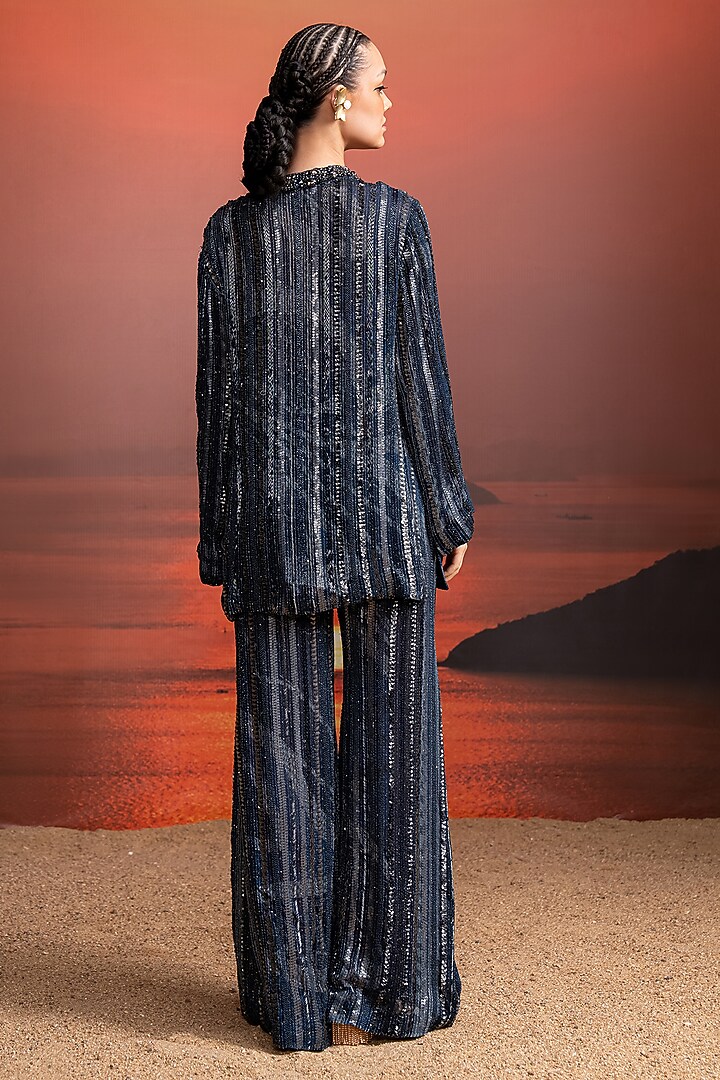 Indigo Blue Sequins Georgette Printed & Embroidered Kurta Set by Nikita Mhaisalkar at Pernia's Pop Up Shop