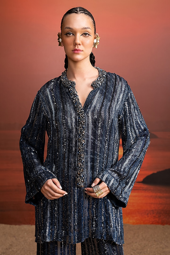 Indigo Blue Sequins Georgette Printed & Embroidered Kurta Set by Nikita Mhaisalkar at Pernia's Pop Up Shop