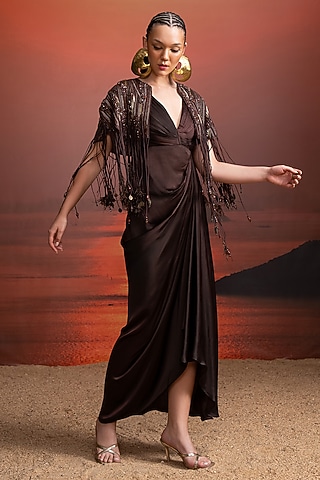 Brown Silk Satin & Tulle Hand Embroidered Jacket Dress by Nikita Mhaisalkar