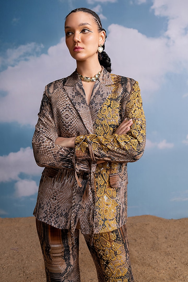 Brown Double Georgette Printed & Embroidered Pant Suit Set by Nikita Mhaisalkar at Pernia's Pop Up Shop