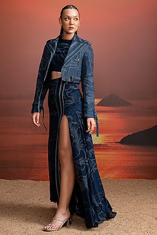 Indigo Blue Pure Georgette Printed Skirt by Nikita Mhaisalkar