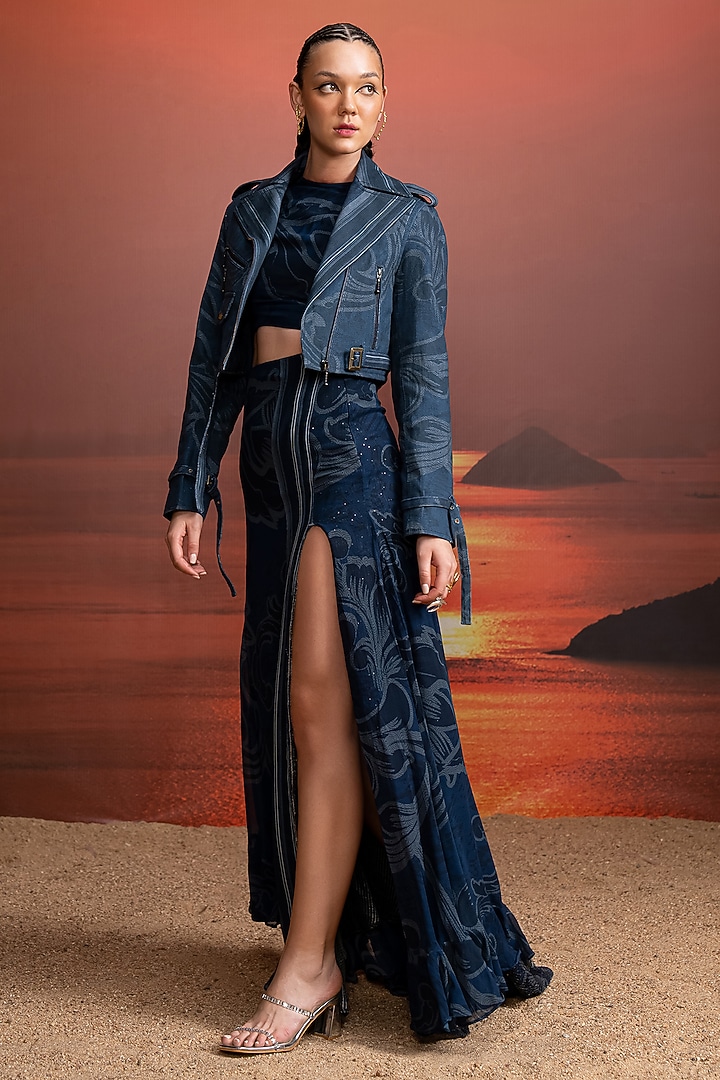 Indigo Blue Hemp Denim Printed Jacket by Nikita Mhaisalkar at Pernia's Pop Up Shop