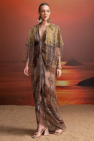 Brown & Canary Crinkled Chiffon Printed Jacket Dress by Nikita Mhaisalkar