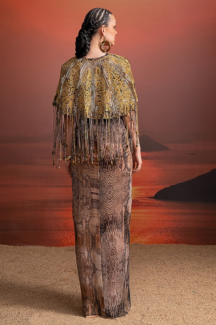 Brown & Canary Crinkled Chiffon Printed Jacket Party Wear Dress by Nikita Mhaisalkar at Pernia's Pop Up Shop