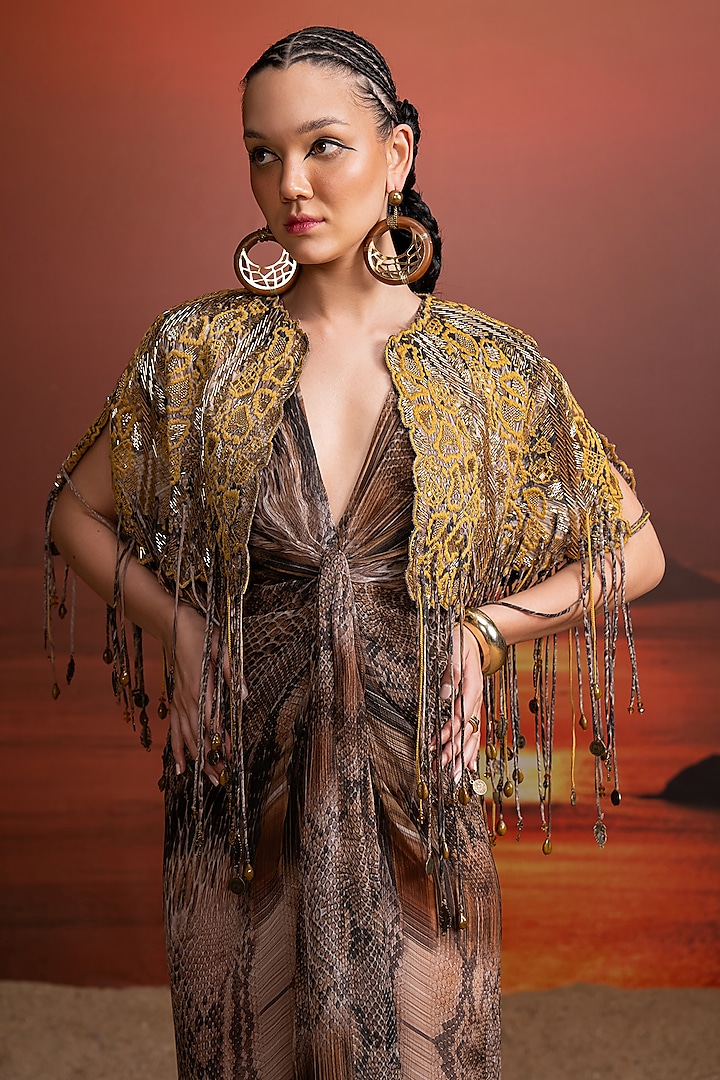Brown & Canary Crinkled Chiffon Printed Jacket Party Wear Dress by Nikita Mhaisalkar at Pernia's Pop Up Shop