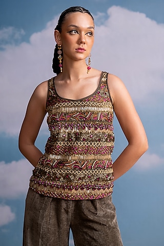 Olive Green Tulle Hand Embroidered Top by Nikita Mhaisalkar